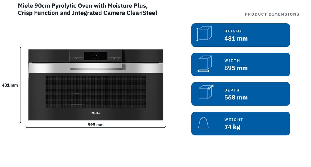 Miele 90cm Pyrolytic Oven with Moisture Plus, Crisp Function and Integrated Camera CleanSteel H7890BP — product dimensions