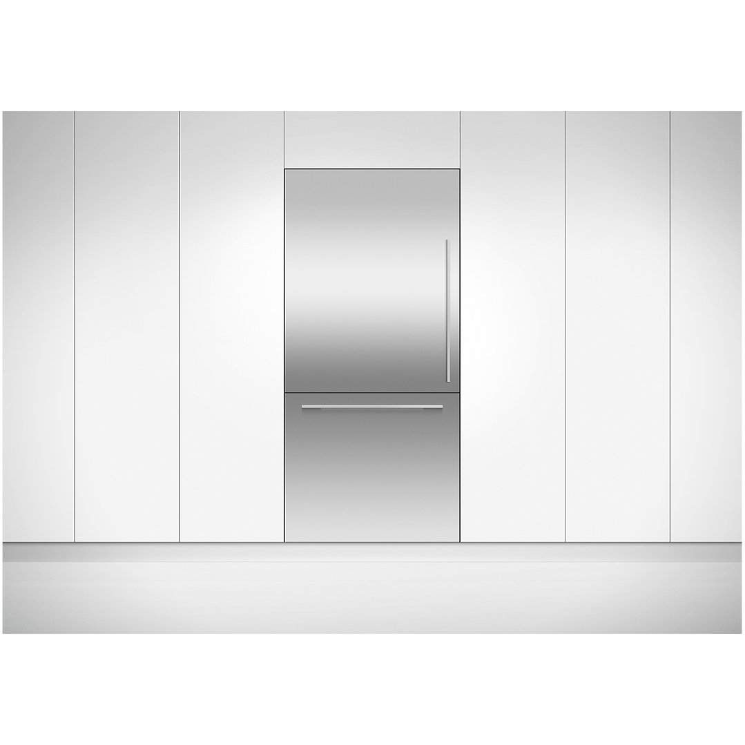Integrated refrigerator freezer in a modern white kitchen setting