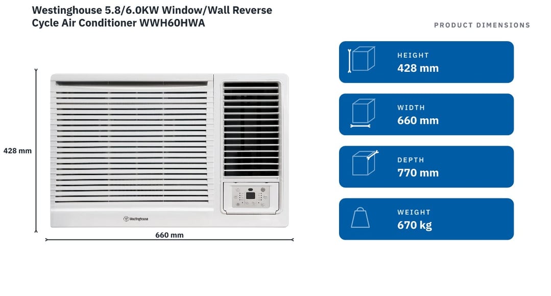 Westinghouse 5.8/6.0KW Window/Wall Reverse Cycle Air Conditioner WWH60HWA — product dimensions