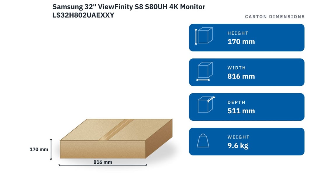 Samsung 32" ViewFinity S8 S80UH 4K Monitor LS32H802UAEXXY — packaged dimensions