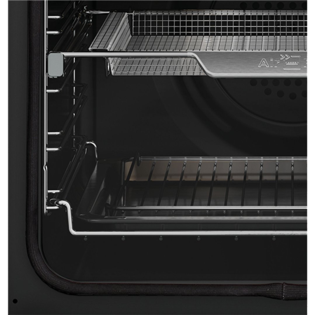 Close up of oven interior with full extension telescopic oven runners