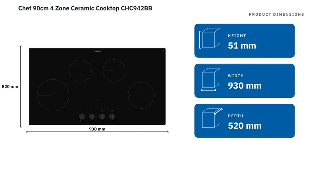 Chef 90cm 4 Zone Ceramic Cooktop CHC942BB — product dimensions