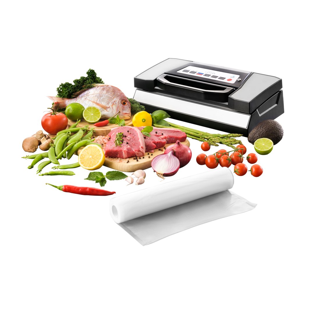 Commercial vacuum sealer with various fresh food items and vacuum seal roll