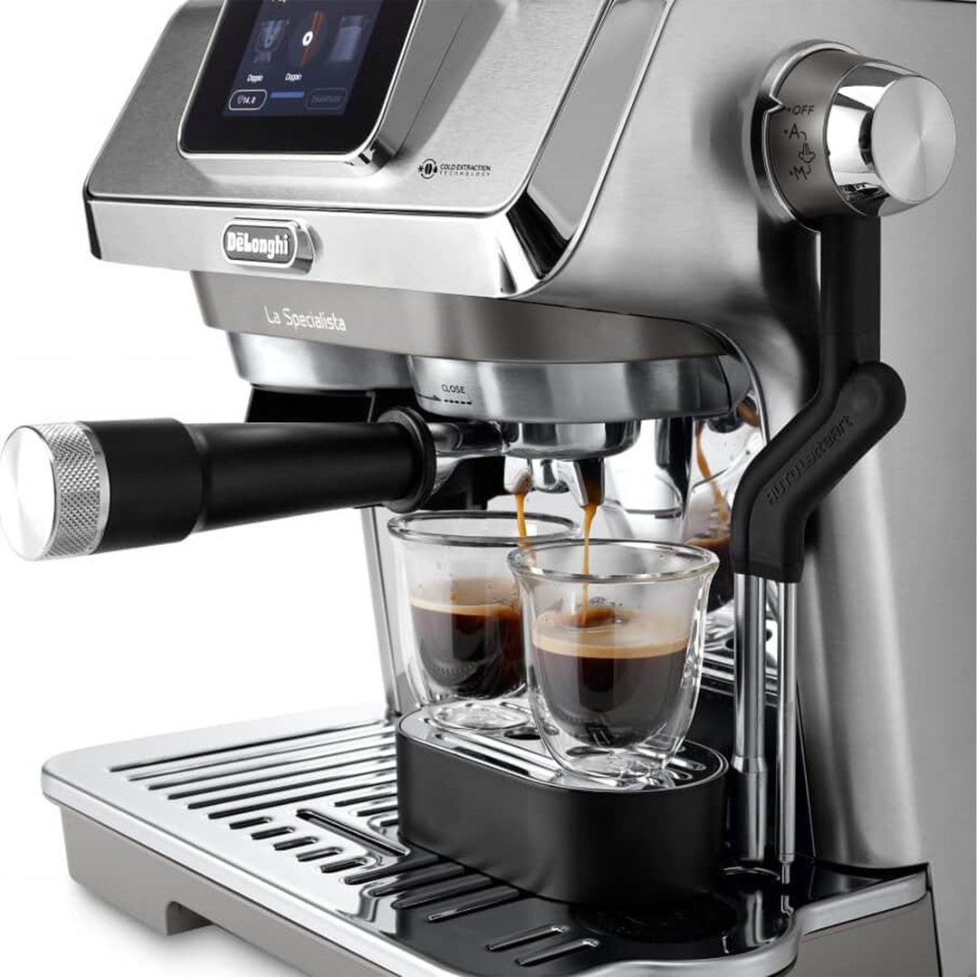 DeLonghi La Specialista Touch Manual Coffee Machine dispensing espresso into two glasses