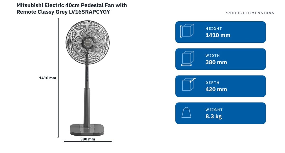 Mitsubishi Electric 40cm Pedestal Fan with Remote Classy Grey LV16SRAPCYGY — product dimensions