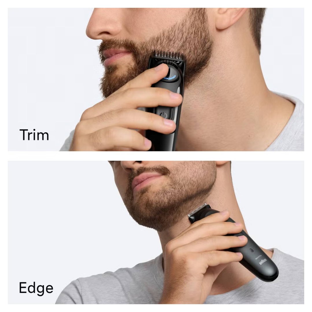 Man using a Braun Beard Trimmer to trim and edge his beard