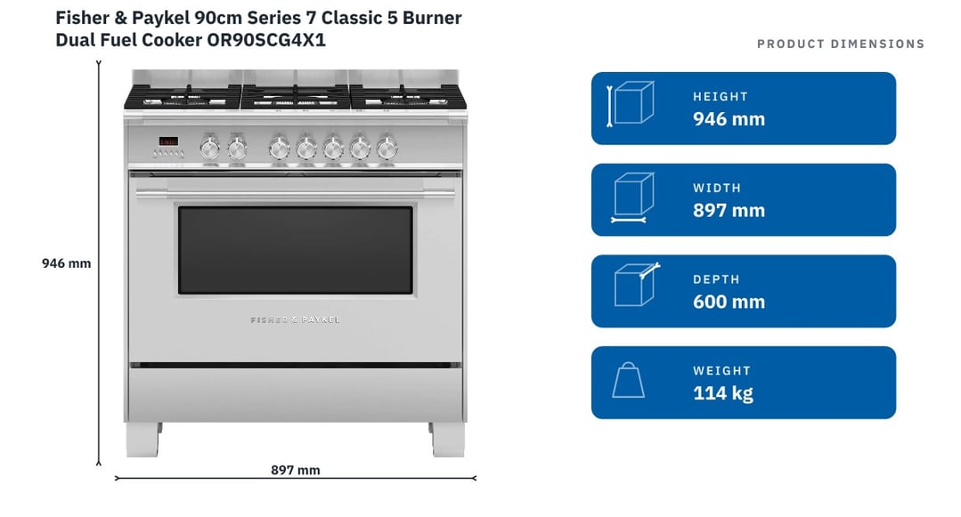 Fisher & Paykel 90cm Series 7 Classic 5 Burner Dual Fuel Cooker OR90SCG4X1 — product dimensions