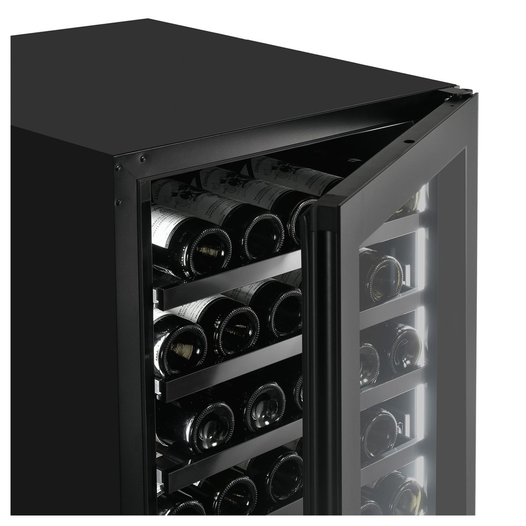 Close up of a black wine cooler with the door slightly ajar