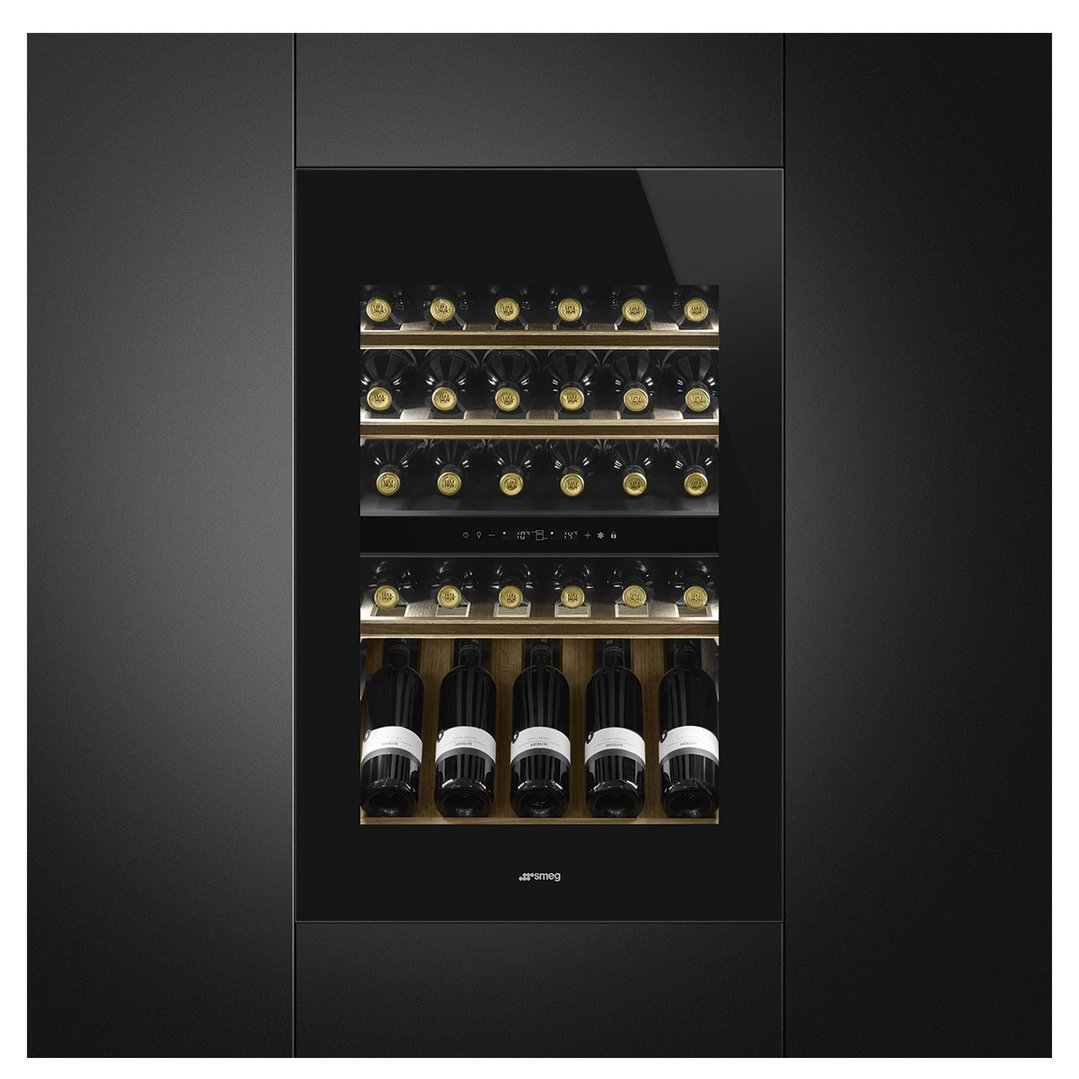 Built-in wine cooler with black glass door and wooden shelves filled with wine