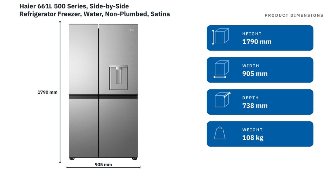 Haier 661L 500 Series, Side-by-Side Refrigerator Freezer, Water, Non-Plumbed, Satina HRF650XHS — product dimensions