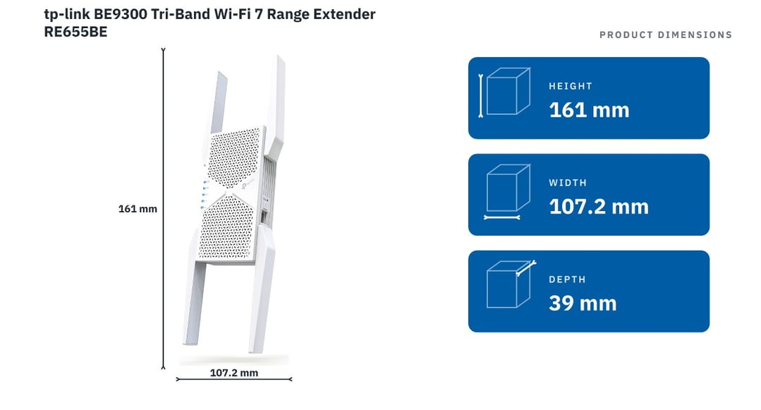 tp-link BE9300 Tri-Band Wi-Fi 7 Range Extender RE655BE — product dimensions
