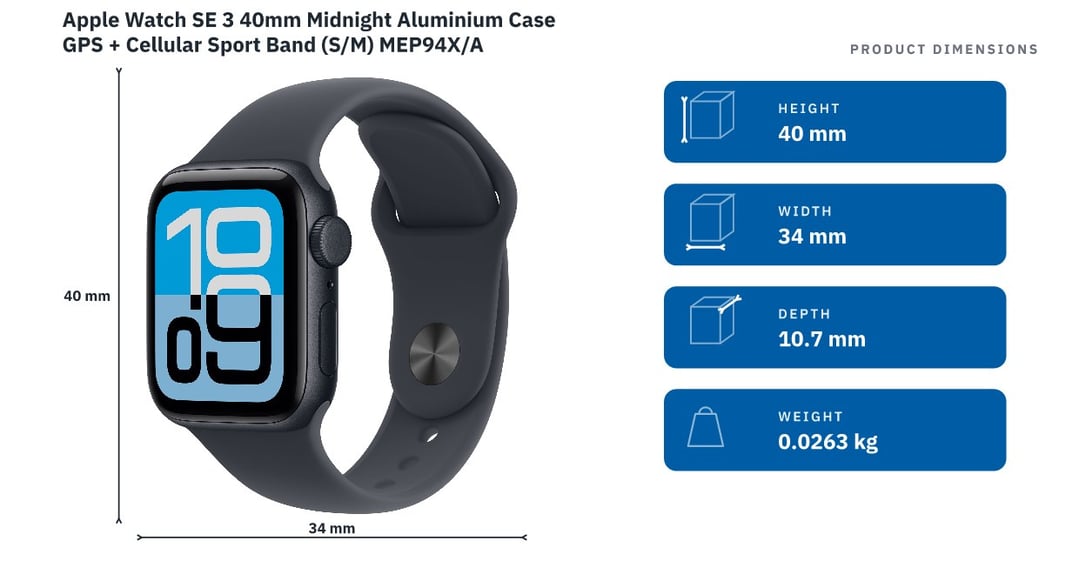 Apple Watch SE 3 40mm Midnight Aluminium Case GPS + Cellular Sport Band (S/M) MEP94X/A
