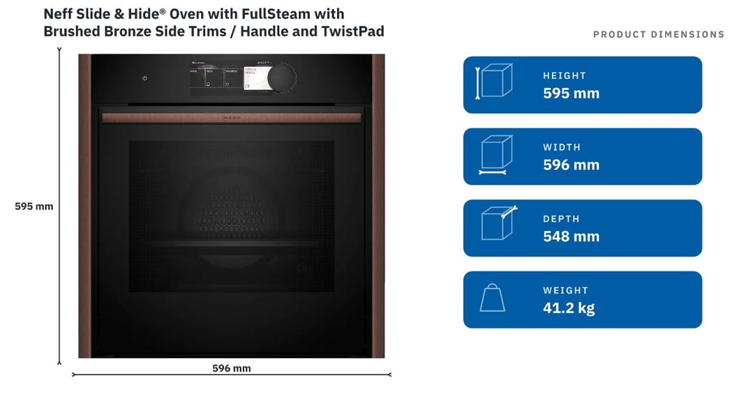 Neff Slide & Hide® Oven with FullSteam with Brushed Bronze Side Trims / Handle and TwistPad Flex B69FY5CY0A-BB — product dimensions