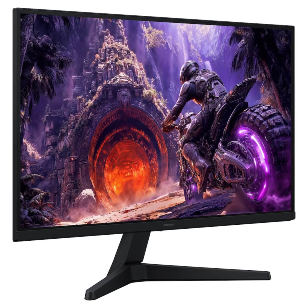 A Samsung gaming monitor displaying a futuristic biker in a fantasy landscape
