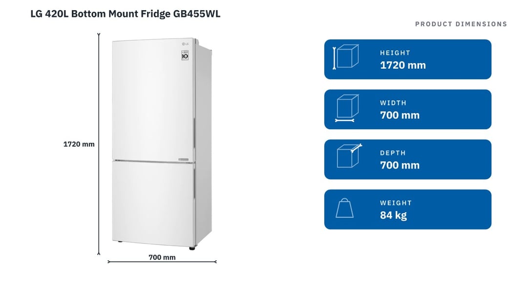 LG 420L Bottom Mount Fridge GB455WL — product dimensions