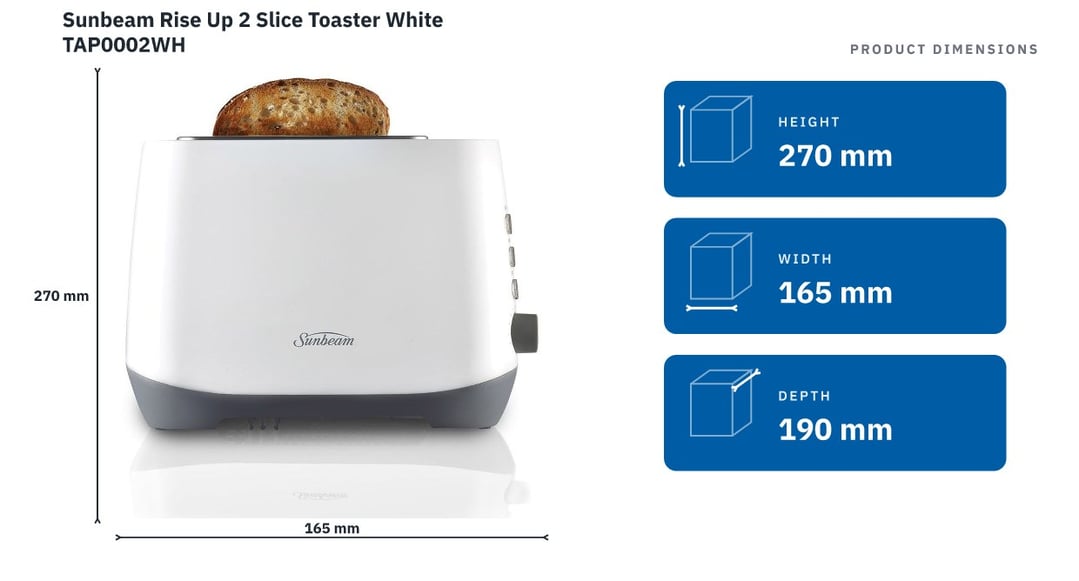 Sunbeam Rise Up 2 Slice Toaster White TAP0002WH — product dimensions
