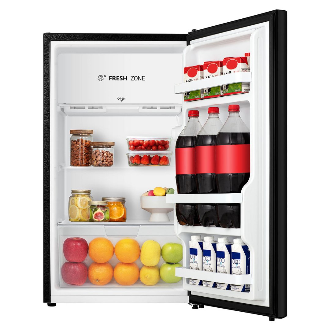 Open black bar fridge filled with food and drinks, seen from the front
