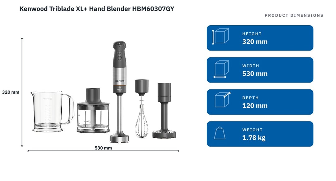 Kenwood Triblade XL+ Hand Blender HBM60307GY — product dimensions