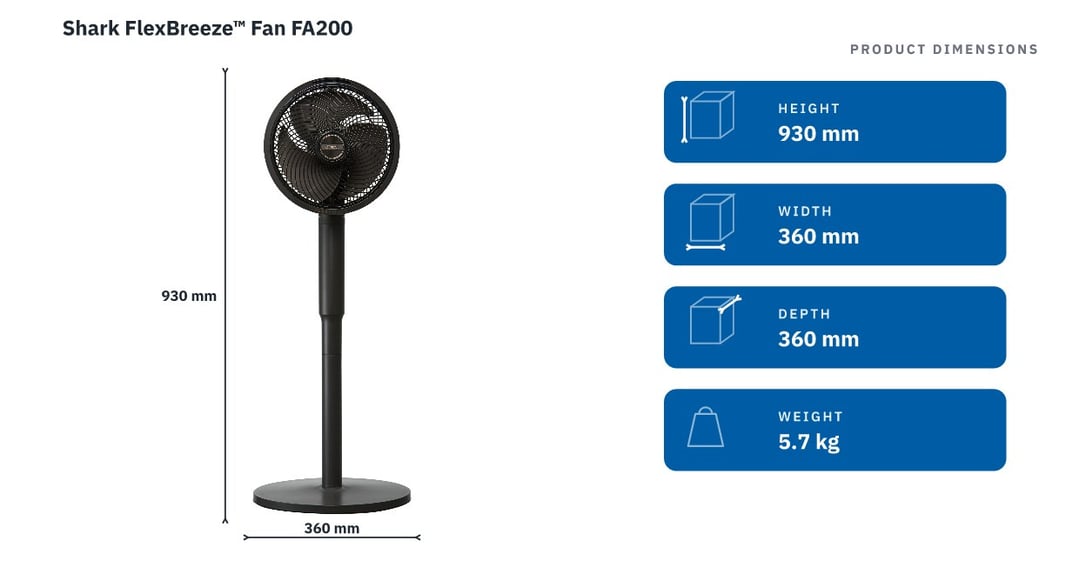 Shark FlexBreeze™ Fan FA200 — product dimensions