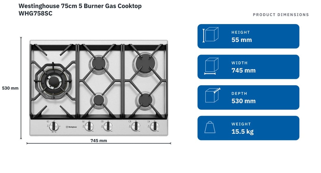 Westinghouse 75cm 5 Burner Gas Cooktop WHG758SC