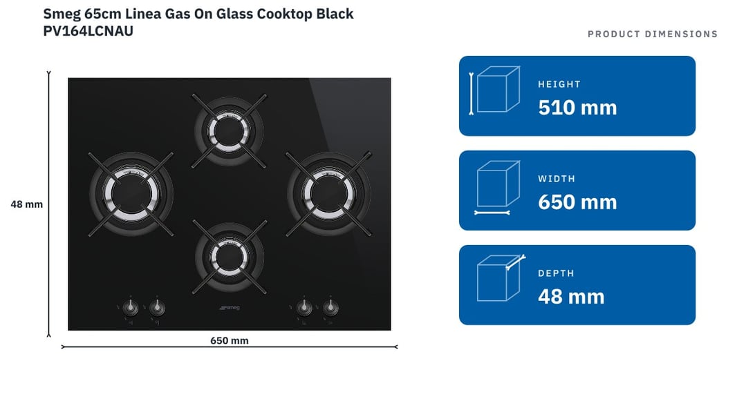 Smeg 65cm Linea Gas On Glass Cooktop Black PV164LCNAU — product dimensions