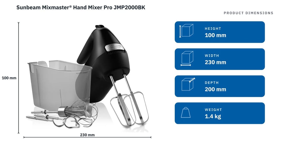Sunbeam Mixmaster® Hand Mixer Pro JMP2000BK — product dimensions