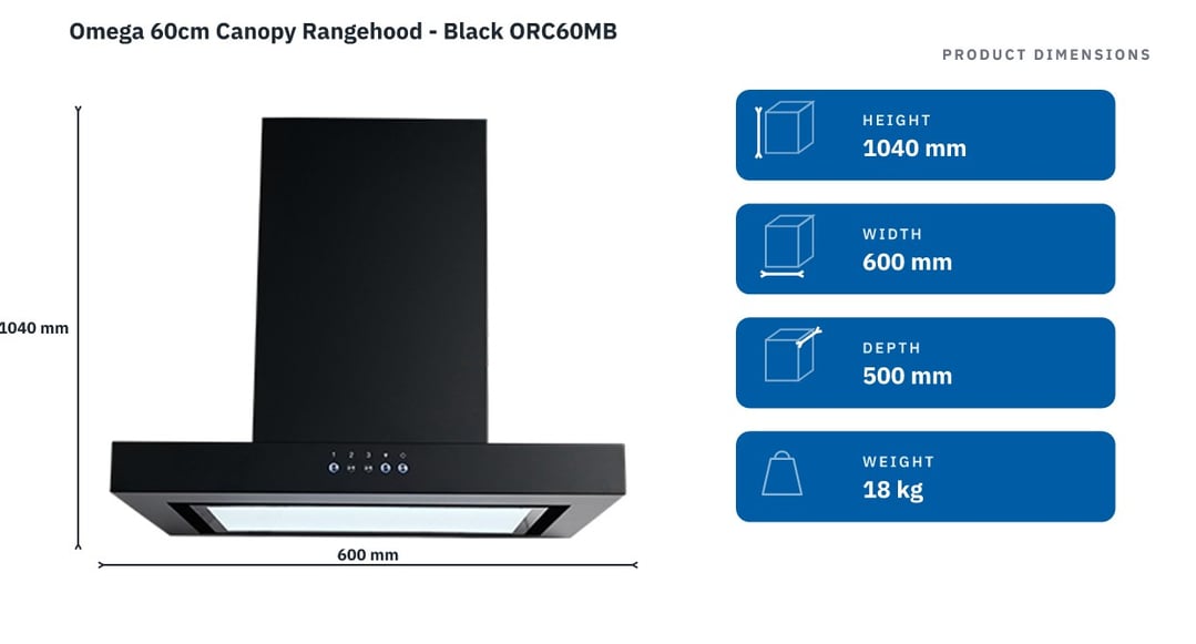 Omega 60cm Canopy Rangehood - Black ORC60MB — product dimensions
