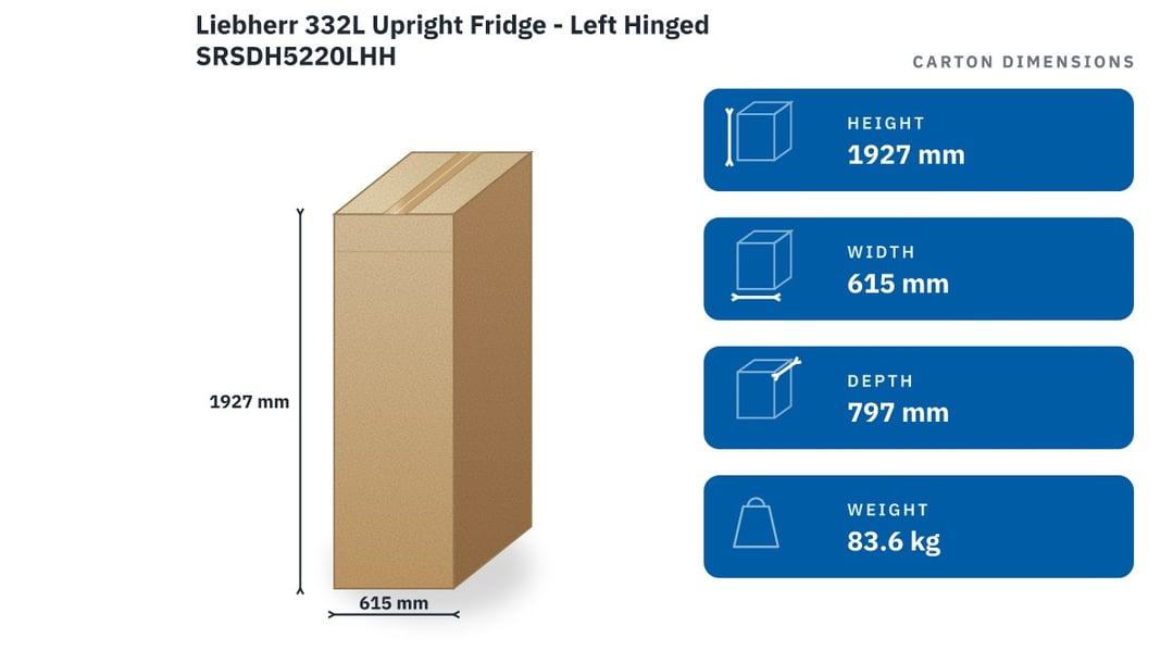 Liebherr 332L Upright Fridge - Left Hinged SRSDH5220LHH — packaged dimensions