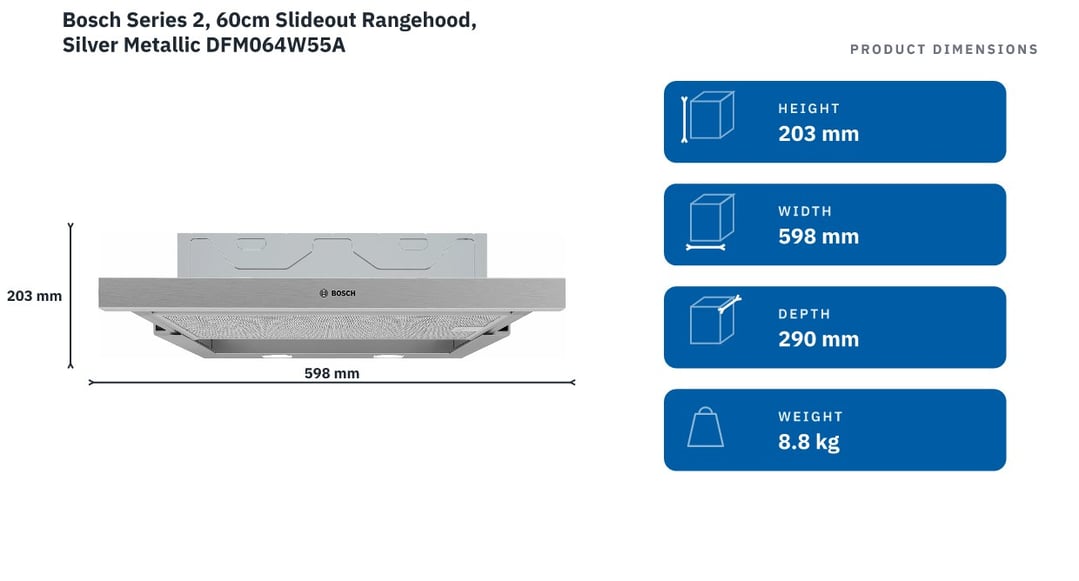 Bosch Series 2, 60cm Slideout Rangehood, Silver Metallic DFM064W55A — product dimensions