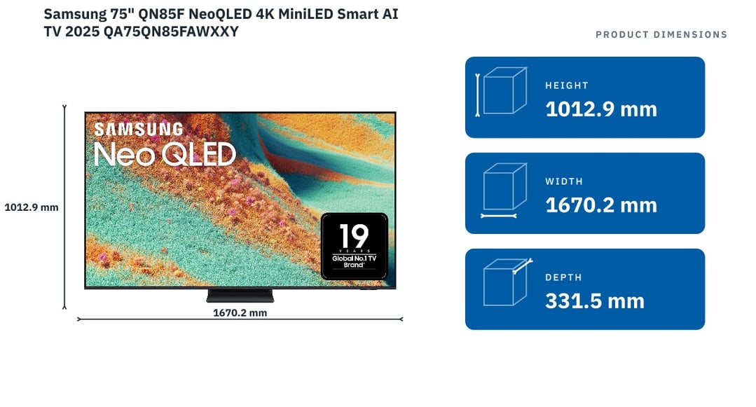 Samsung 75" QN85F NeoQLED 4K MiniLED Smart AI TV 2025 QA75QN85FAWXXY — product dimensions