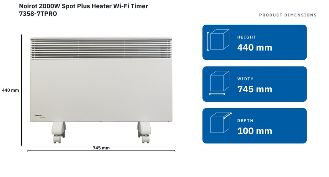 Noirot 2000W Spot Plus Heater Wi-Fi Timer 7358-7TPRO — product dimensions
