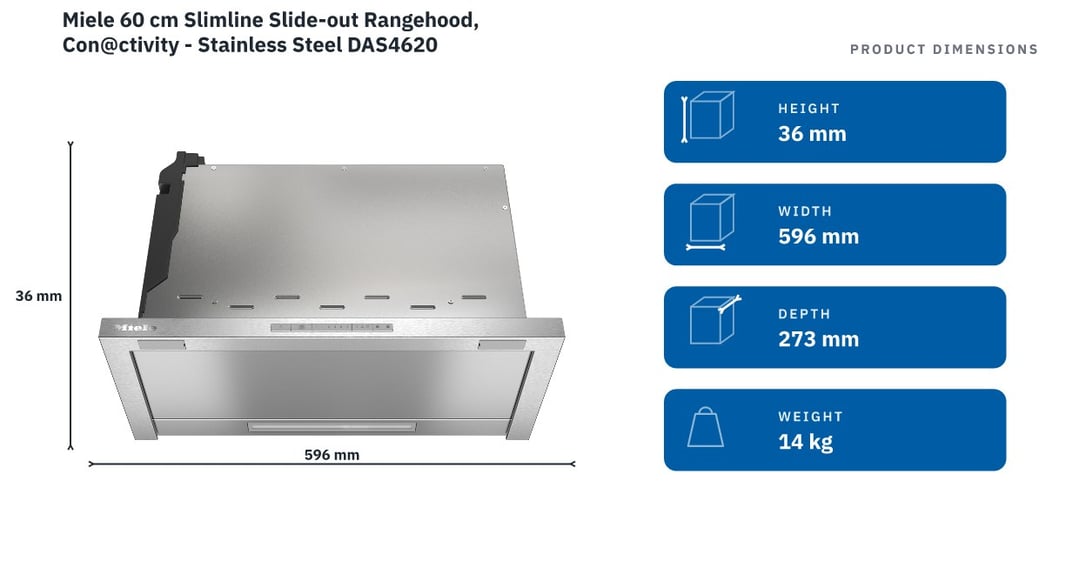 Miele 60 cm Slimline Slide-out Rangehood, Con@ctivity - Stainless Steel DAS4620 — product dimensions