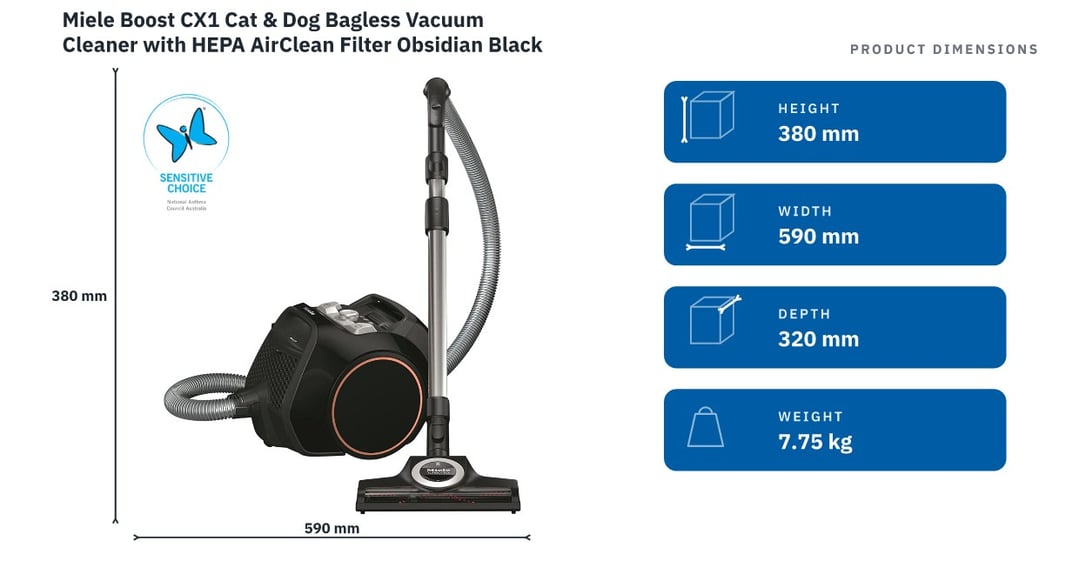 Miele Boost CX1 Cat & Dog Bagless Vacuum Cleaner with HEPA AirClean Filter Obsidian Black 11640600