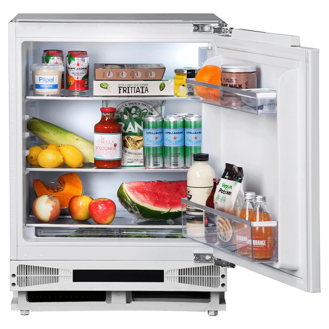 Open integrated bar fridge filled with food and drinks