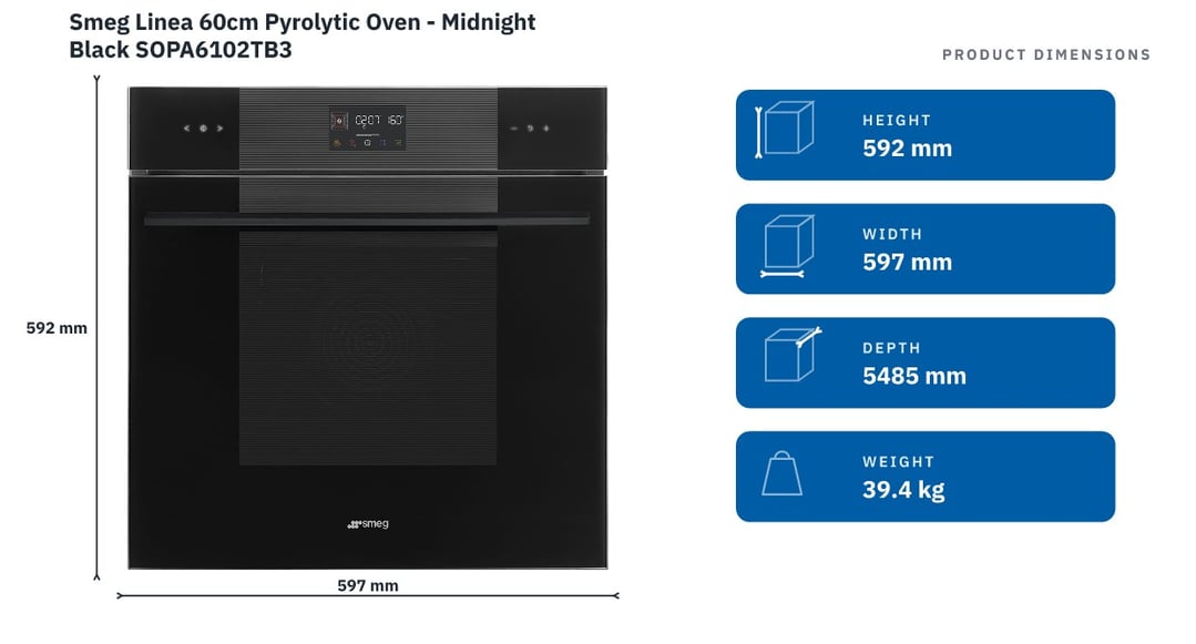 Smeg Linea 60cm Pyrolytic Oven - Midnight Black SOPA6102TB3 — product dimensions