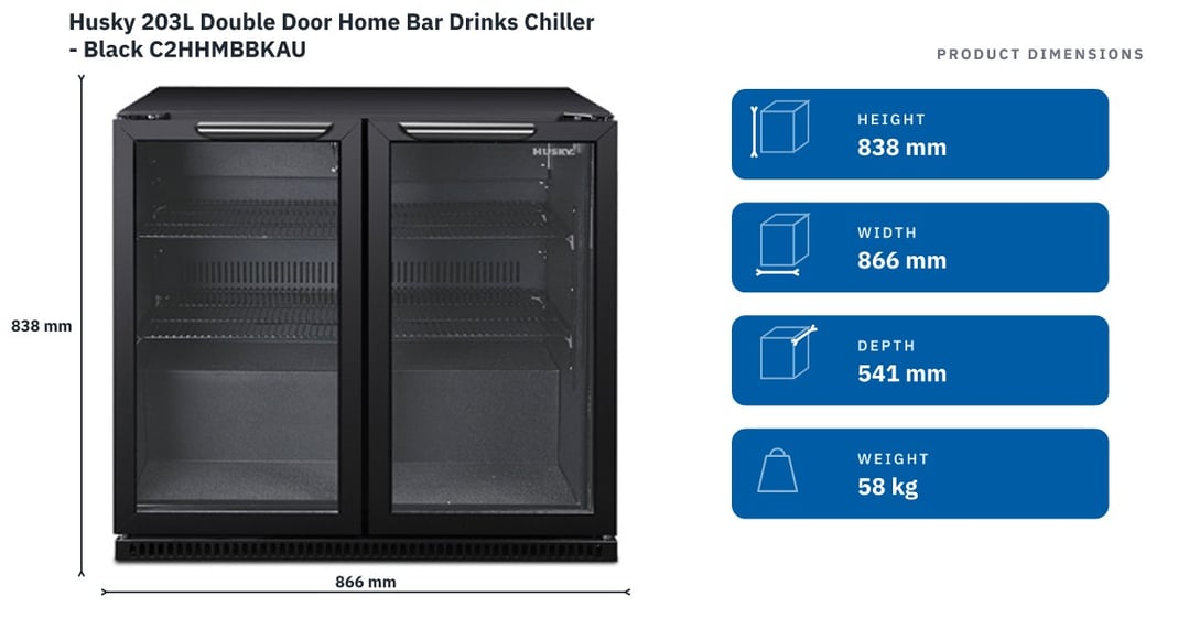 Husky 203L Double Door Home Bar Drinks Chiller - Black C2HHMBBKAU — product dimensions