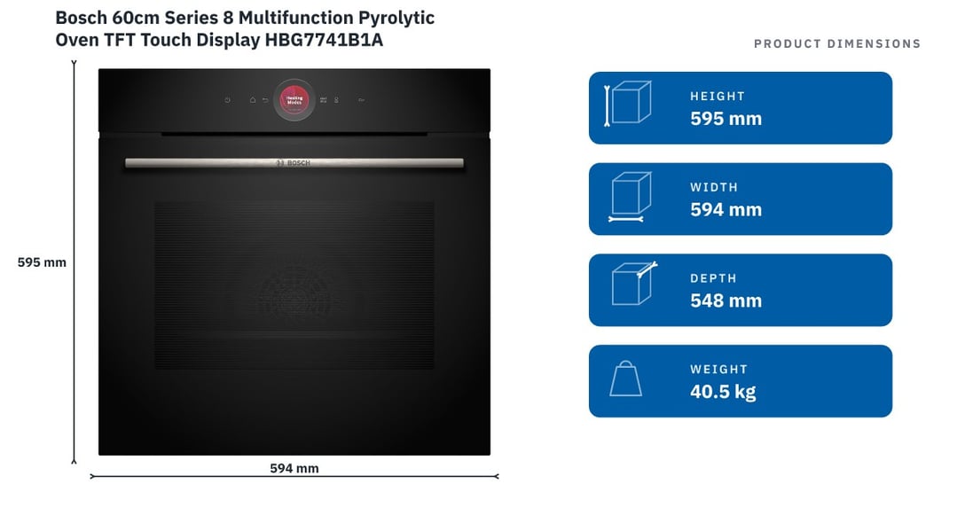 Bosch 60cm Series 8 Multifunction Pyrolytic Oven TFT Touch Display HBG7741B1A — product dimensions