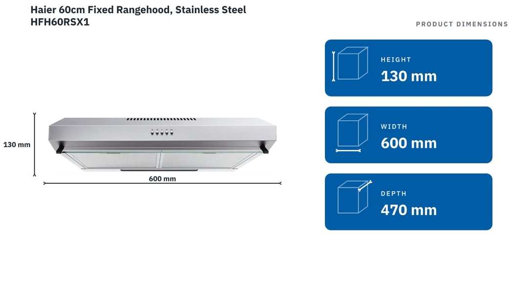 Haier 60cm Fixed Rangehood, Stainless Steel HFH60RSX1 — product dimensions