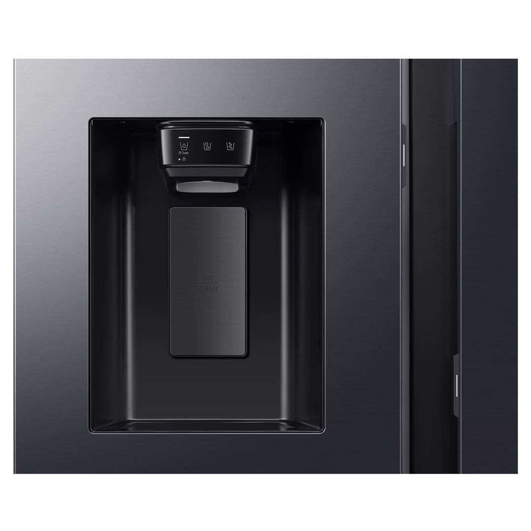 Close-up of the black refrigerator's ice and water dispenser