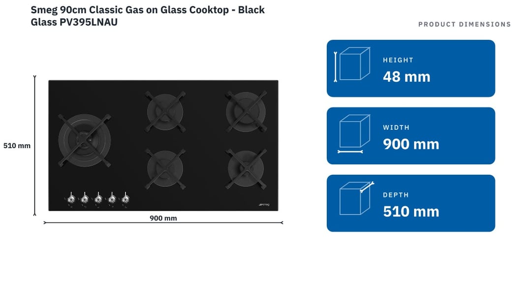 Smeg 90cm Classic Gas on Glass Cooktop - Black Glass PV395LNAU — product dimensions