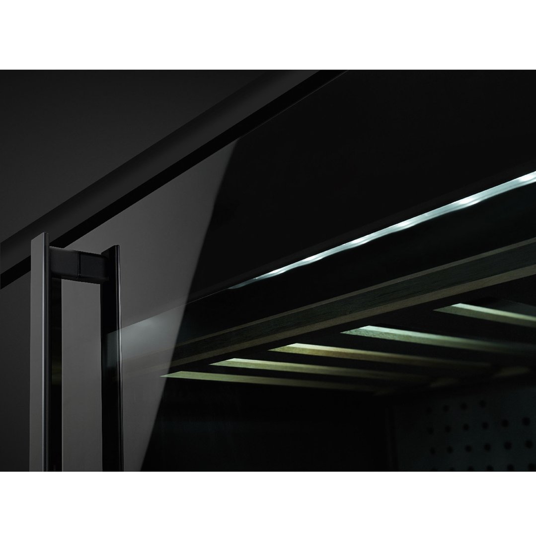 Close-up of the handle and interior shelves of a built-in wine cooler