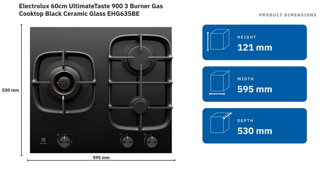 Electrolux 60cm UltimateTaste 900 3 Burner Gas Cooktop Black Ceramic Glass EHG635BE