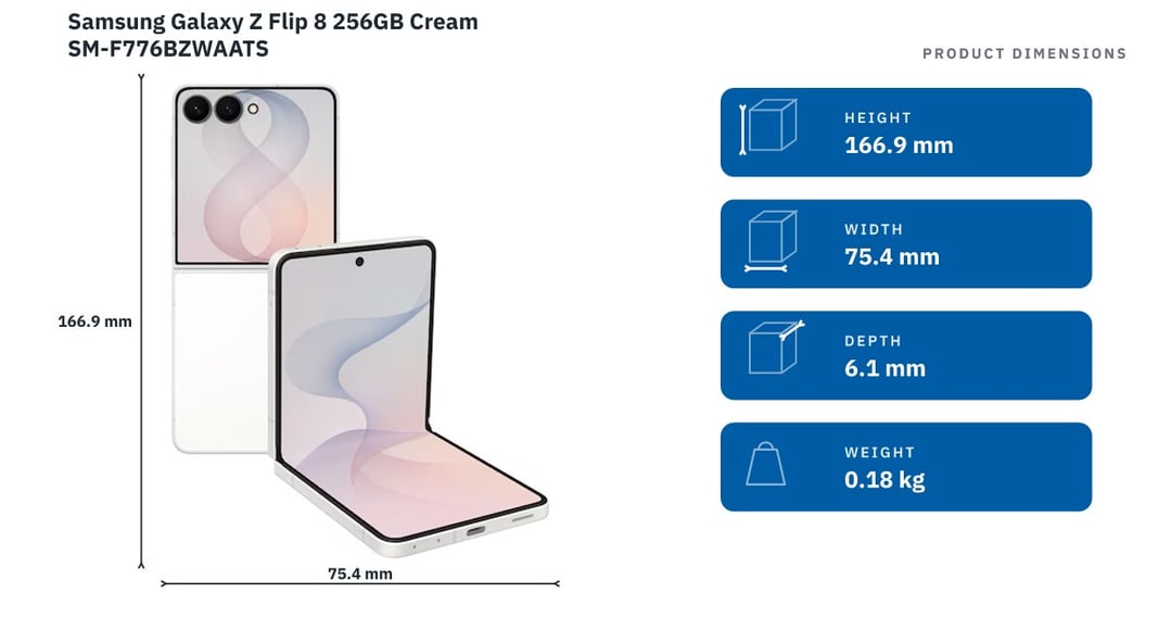 Samsung Galaxy Z Flip 8 256GB Cream SM-F776BZWAATS — product dimensions