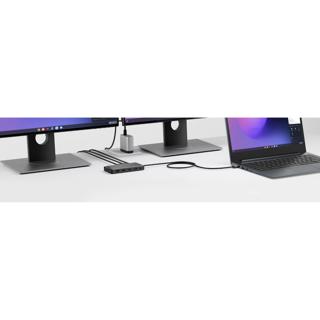 MV2 USB-C Dual Display DP Alt Mode Docking Station connected to a laptop and two monitors