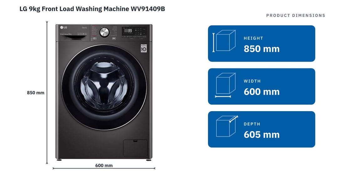 LG 9kg Front Load Washing Machine WV91409B — product dimensions