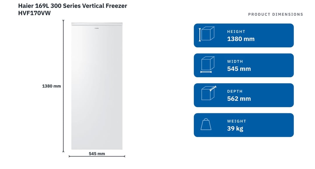 Haier 169L 300 Series Vertical Freezer HVF170VW — product dimensions