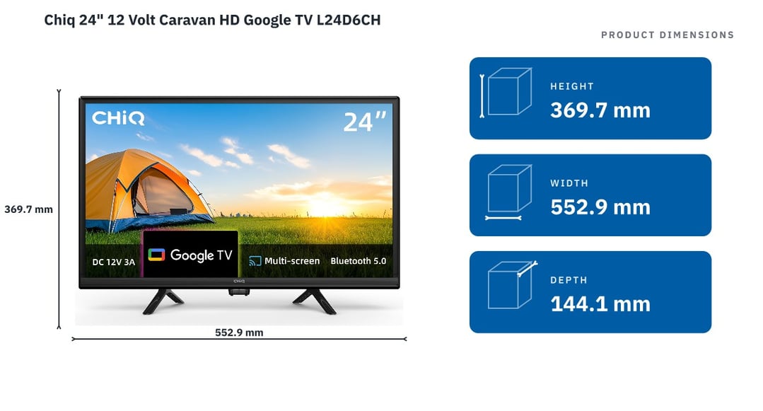 Chiq 24" 12 Volt Caravan HD Google TV L24D6CH — product dimensions