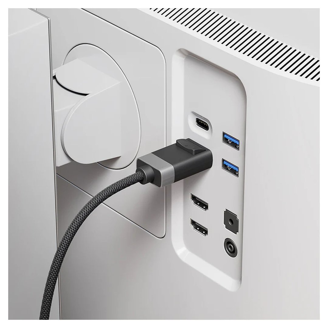 ALOGIC 3m Fusion 8K DisplayPort to DisplayPort Cable plugged into a monitor