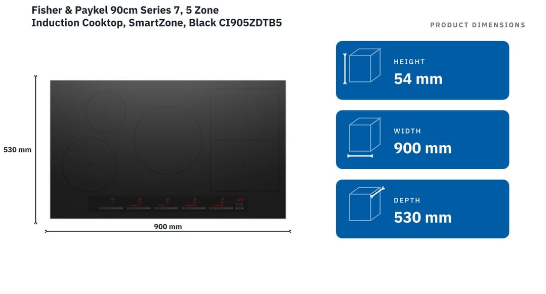 Fisher & Paykel 90cm Series 7, 5 Zone Induction Cooktop, SmartZone, Black CI905ZDTB5 — product dimensions
