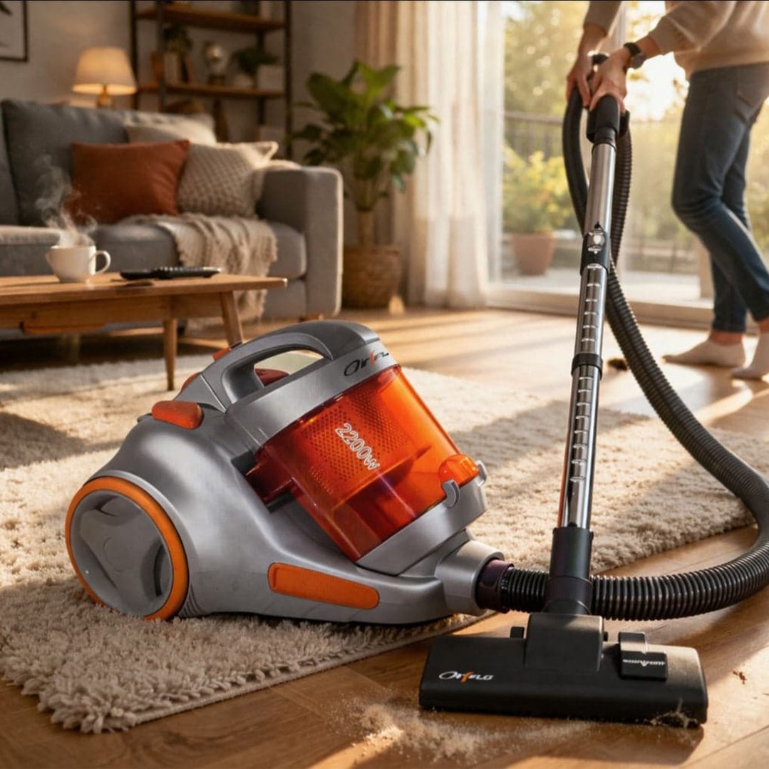 Bagless vacuum cleaner on a rug in a living room with a person vacuuming